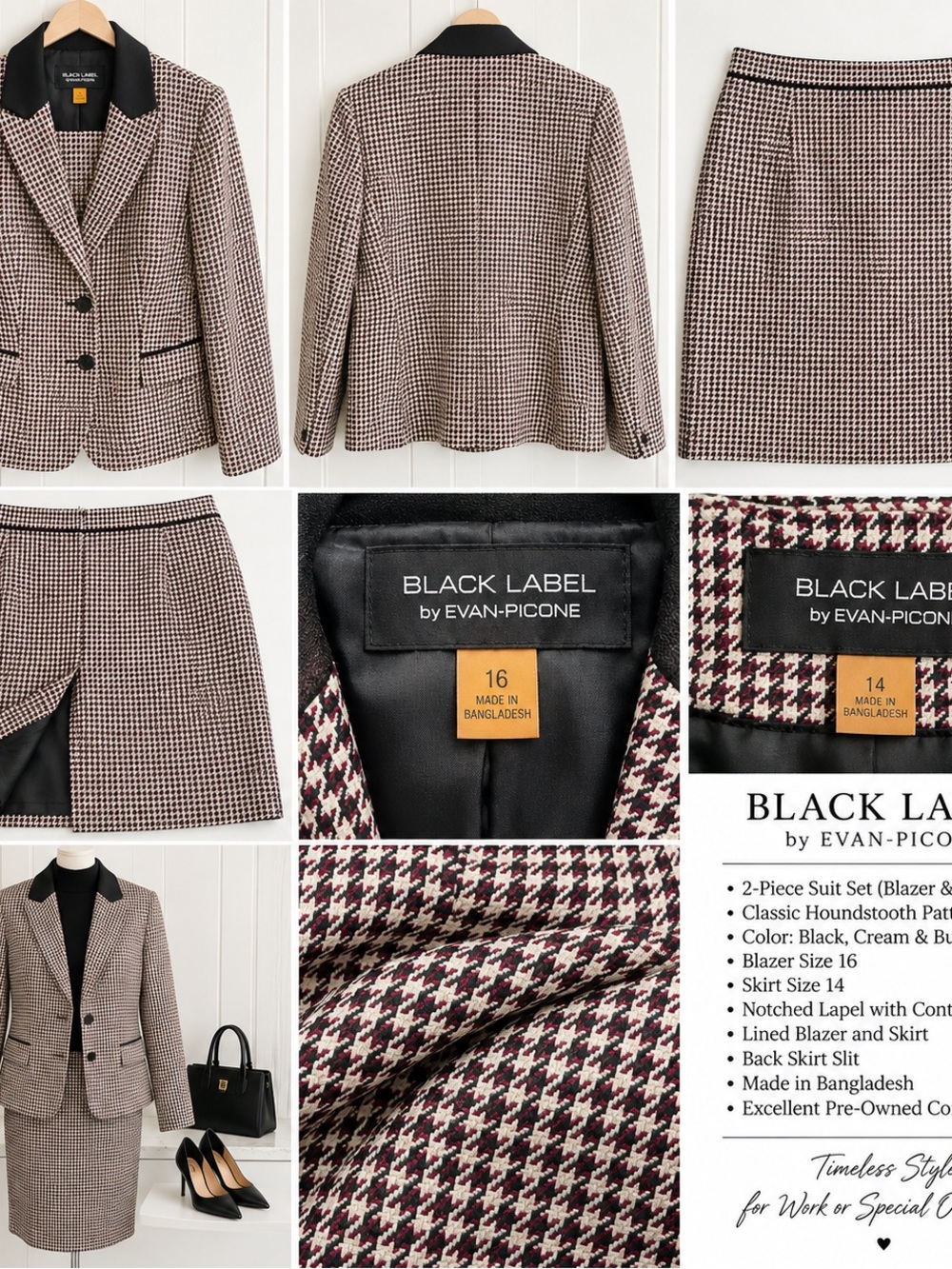 Women's Houndstooth Blazer & Skirt Set - Black/Cream/Red Skirt size 14